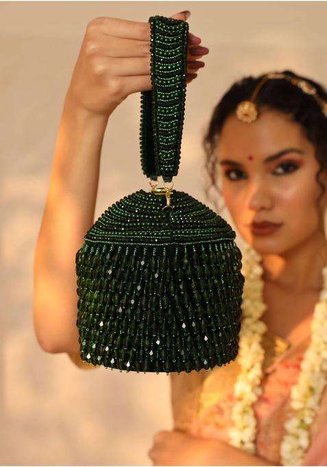 Green Embellished Suede Bucket Bags