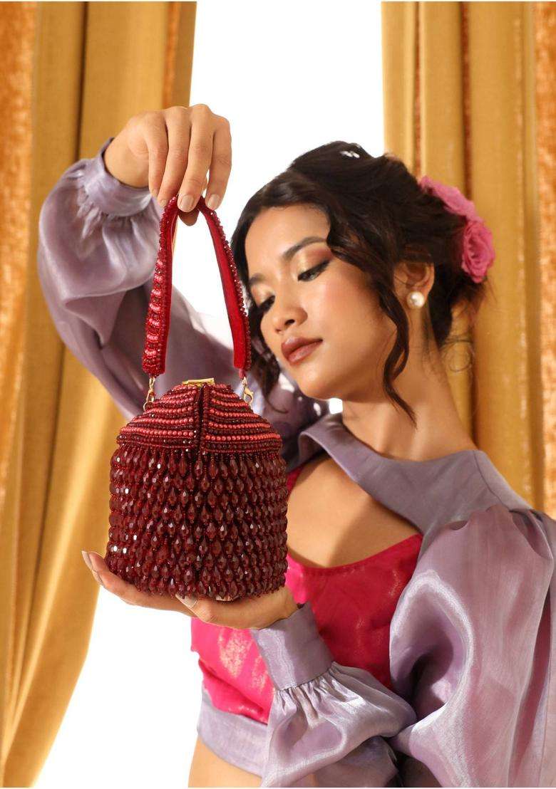 Red Embellished Suede Bucket Bags - Indya