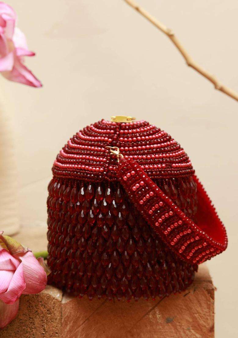 Red Embellished Suede Bucket Bags - Indya