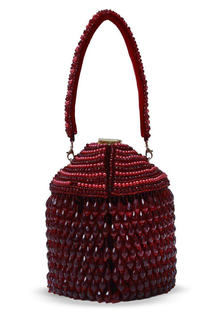 Red Embellished Suede Bucket Bags - Indya