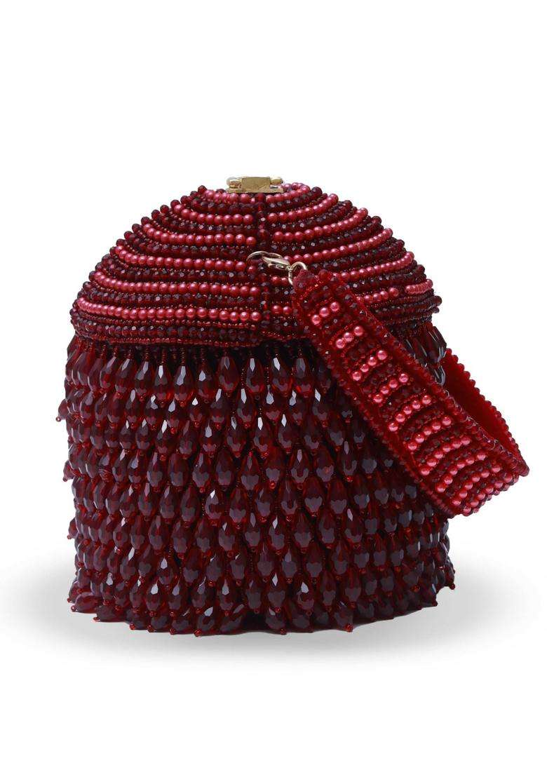 Red Embellished Suede Bucket Bags - Indya