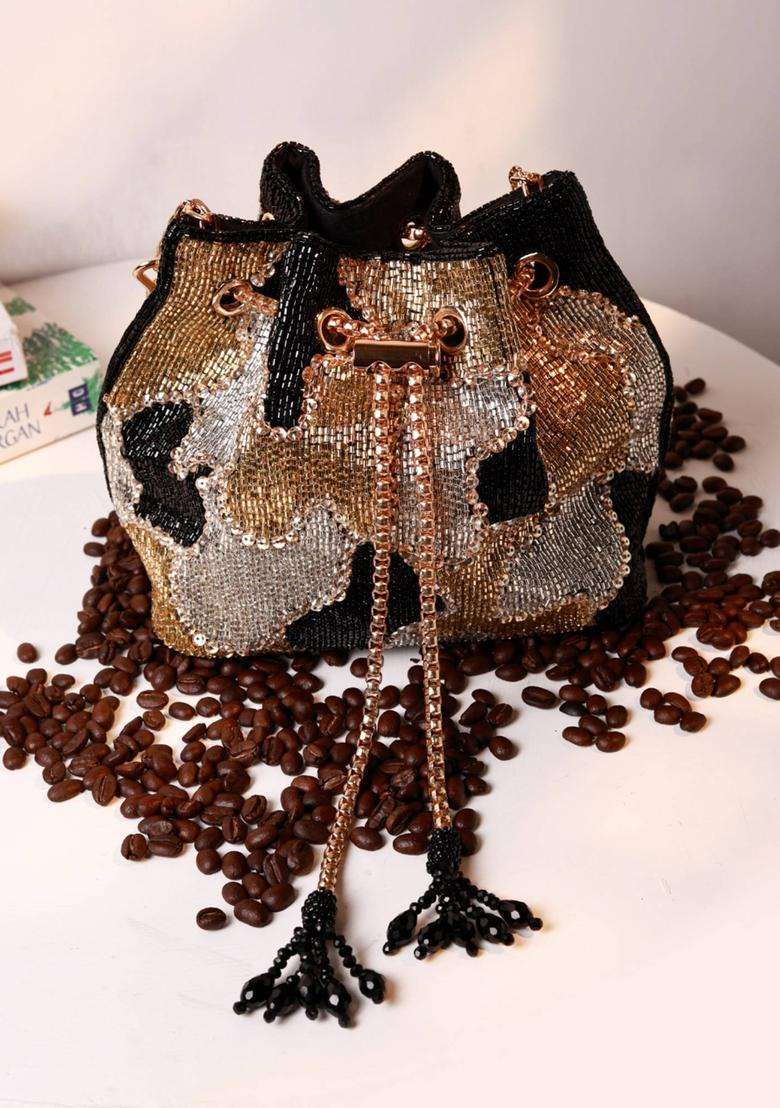 Black Embellished Suede Bucket Bags - Indya