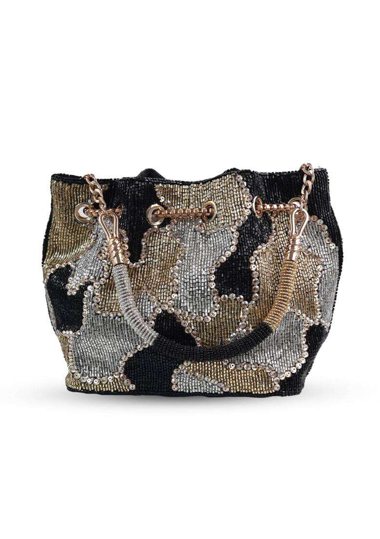 Black Embellished Suede Bucket Bags - Indya