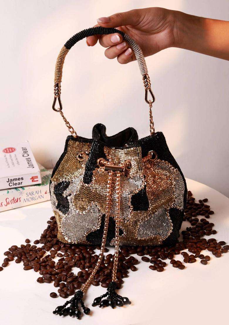 Black Embellished Suede Bucket Bags - Indya