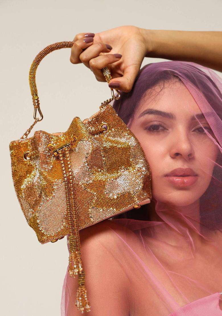 Gold Embellished Suede Bucket Bags - Indya