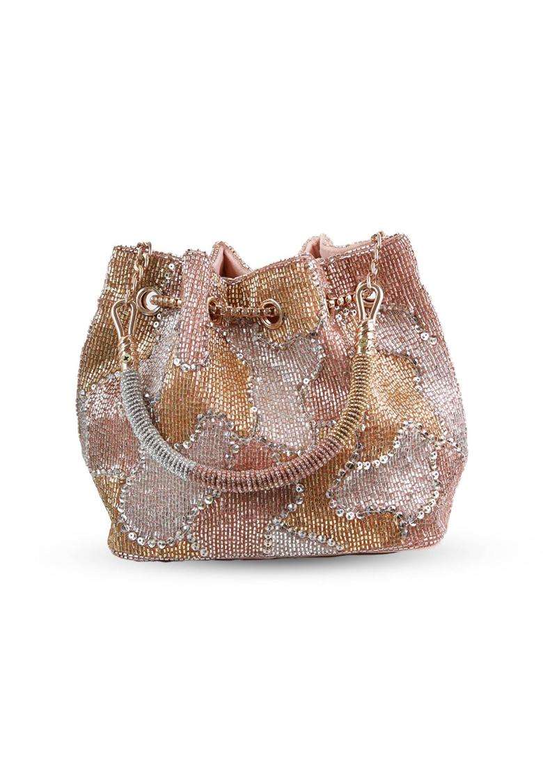 Gold Embellished Suede Bucket Bags - Indya