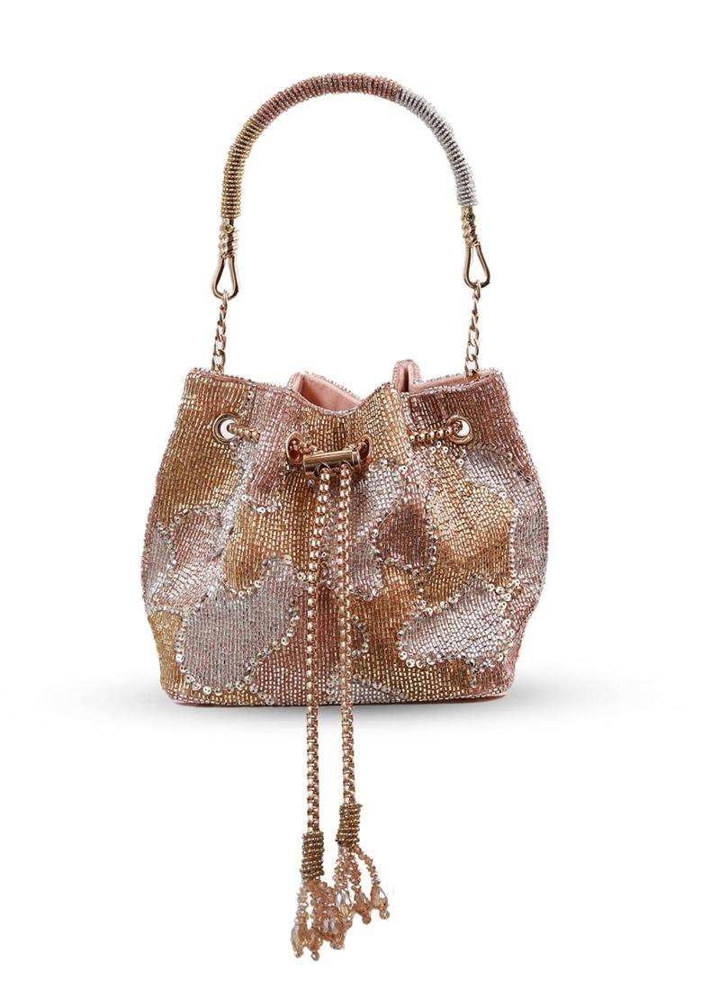 Gold Embellished Suede Bucket Bags - Indya