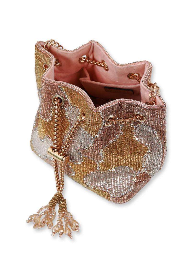 Gold Embellished Suede Bucket Bags - Indya