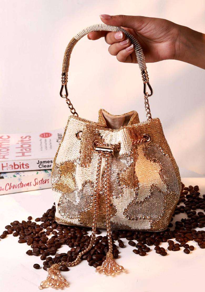 White Embellished Suede Bucket Bags - Indya