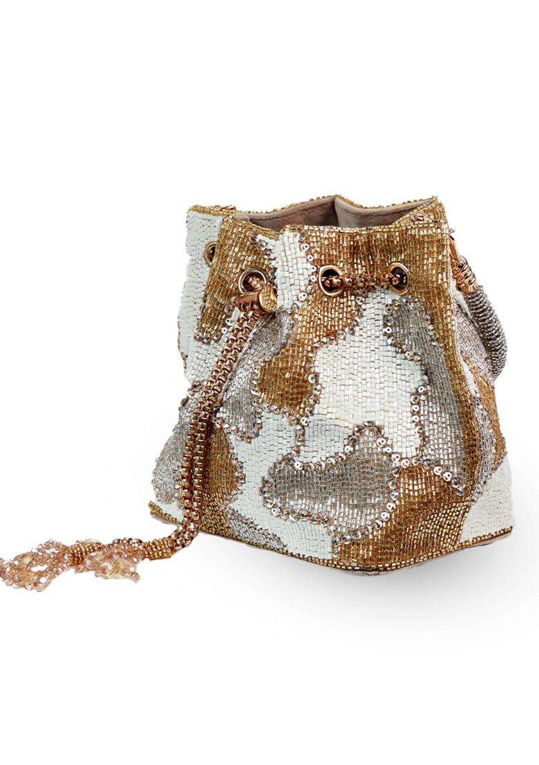 White Embellished Suede Bucket Bags - Indya