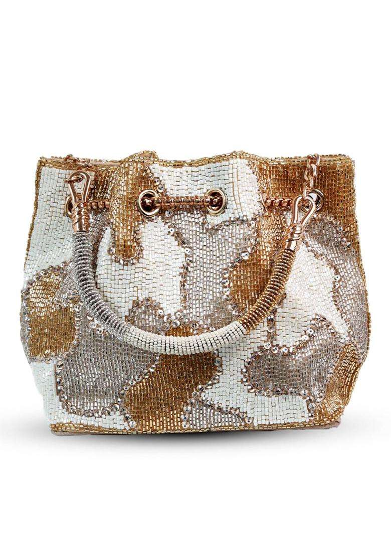 White Embellished Suede Bucket Bags - Indya