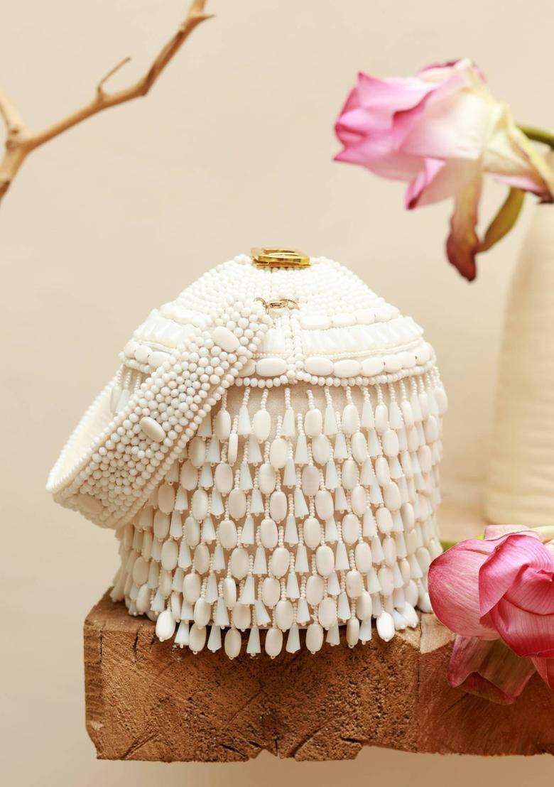 White Embellished Suede Bucket Bags - Indya