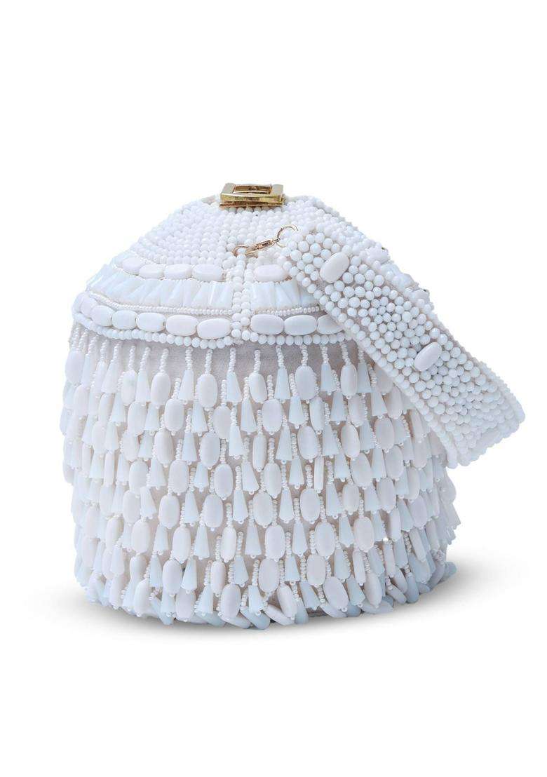 White Embellished Suede Bucket Bags - Indya