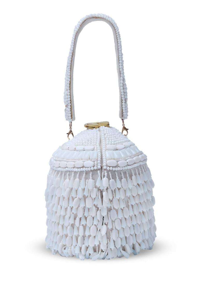 White Embellished Suede Bucket Bags - Indya