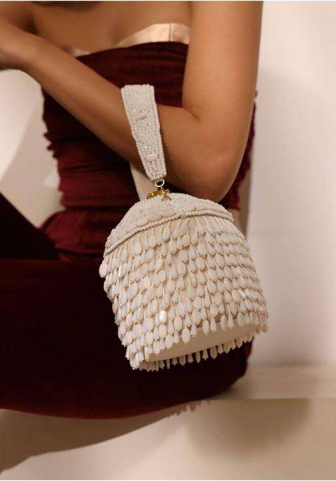 White Embellished Suede Bucket Bags