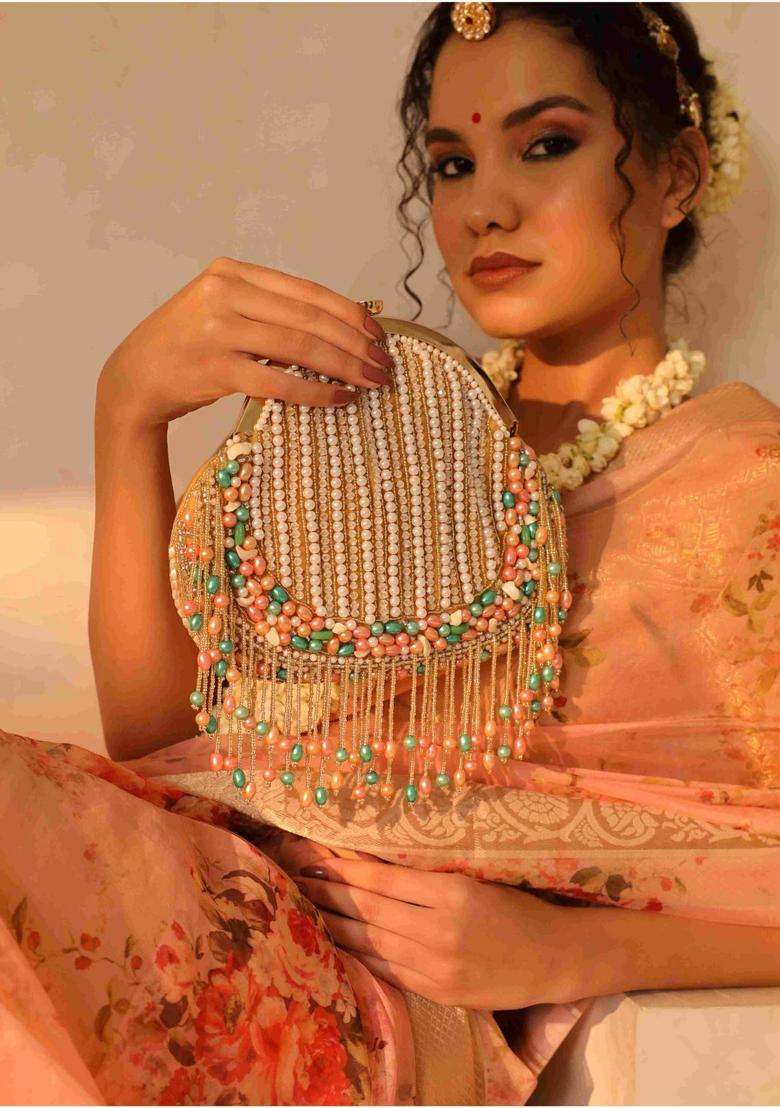 Gold Embellished Suede Clutches - Indya