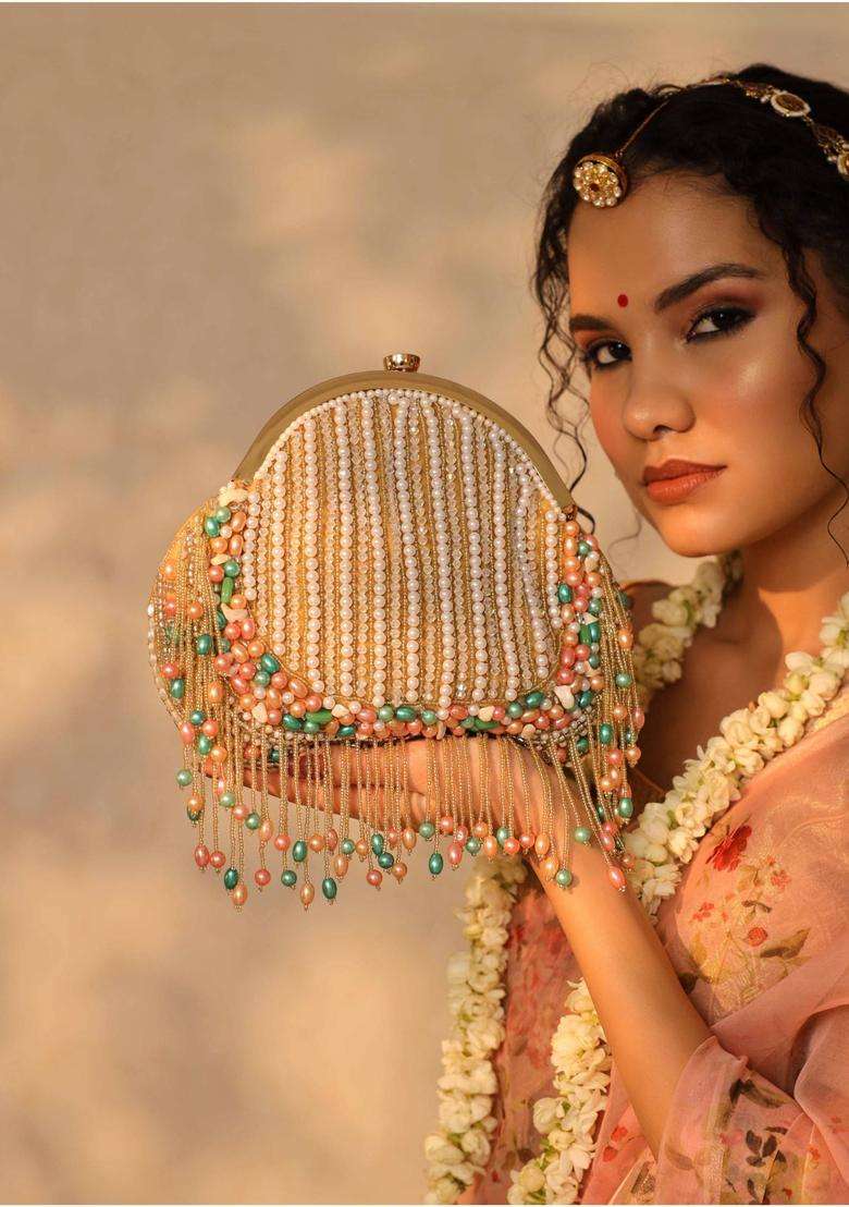 Gold Embellished Suede Clutches - Indya