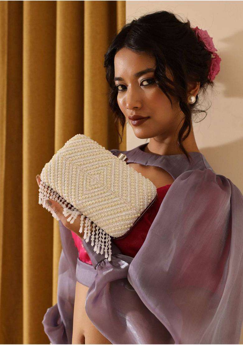 White Embellished Silk Clutches - Indya