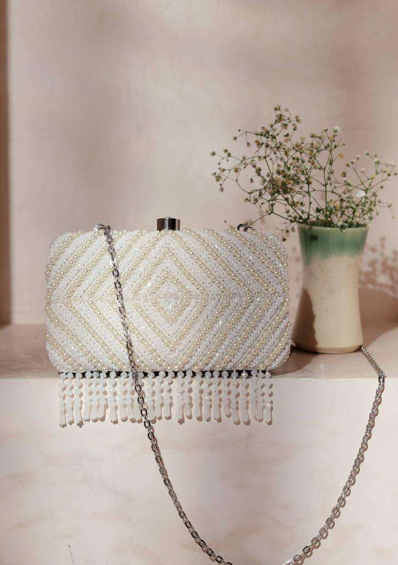 White Embellished Silk Clutches - Indya