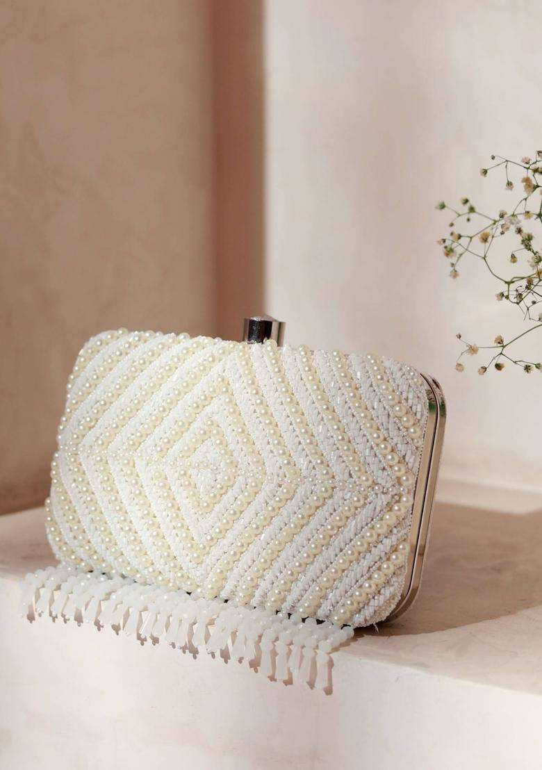 White Embellished Silk Clutches - Indya