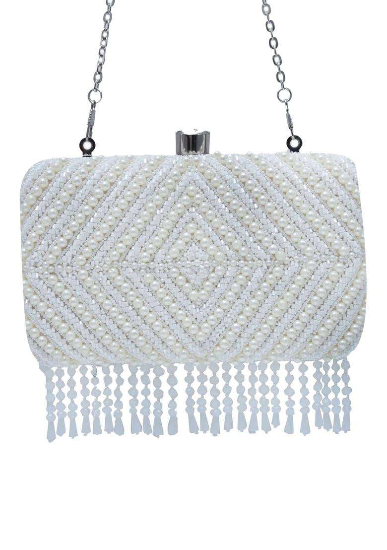 White Embellished Silk Clutches - Indya