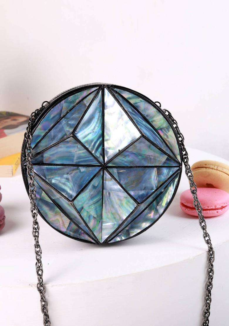 Blue Embellished Brass Clutches - Indya