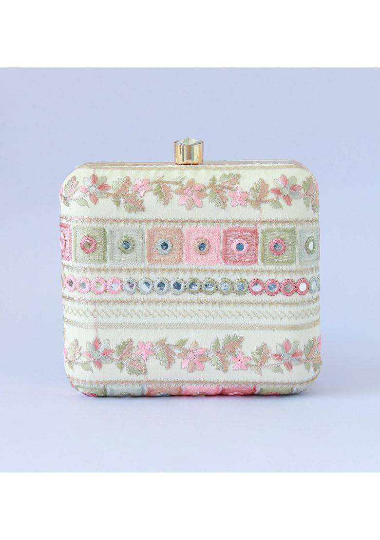 White Embroidered Silk Clutches - Indya