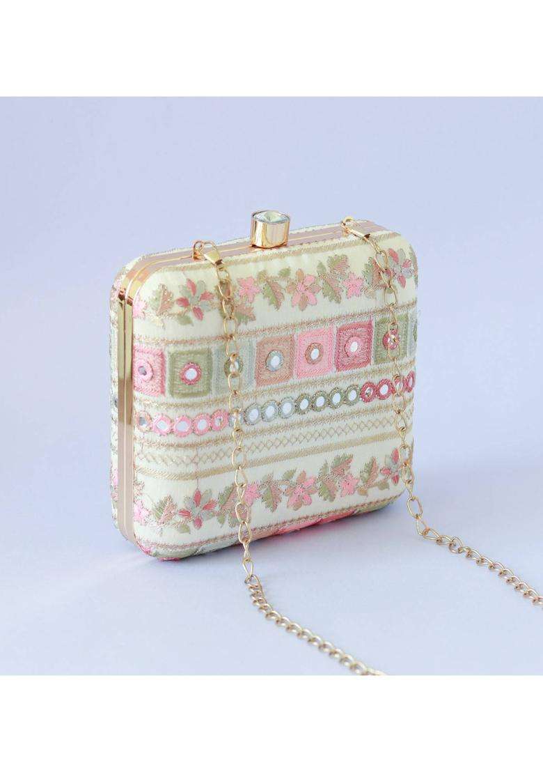 White Embroidered Silk Clutches - Indya