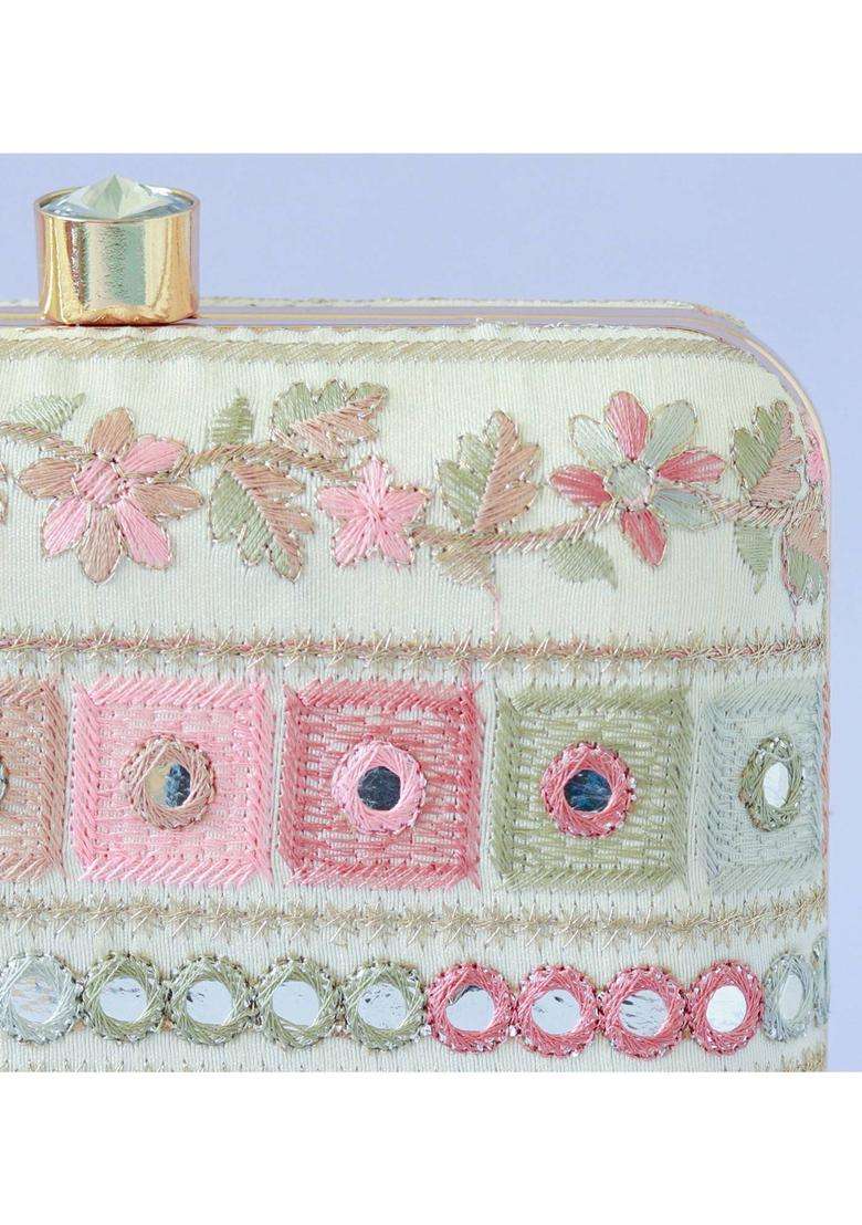 White Embroidered Silk Clutches - Indya