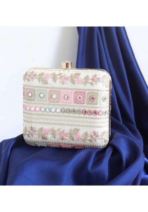 White Embroidered Silk Clutches