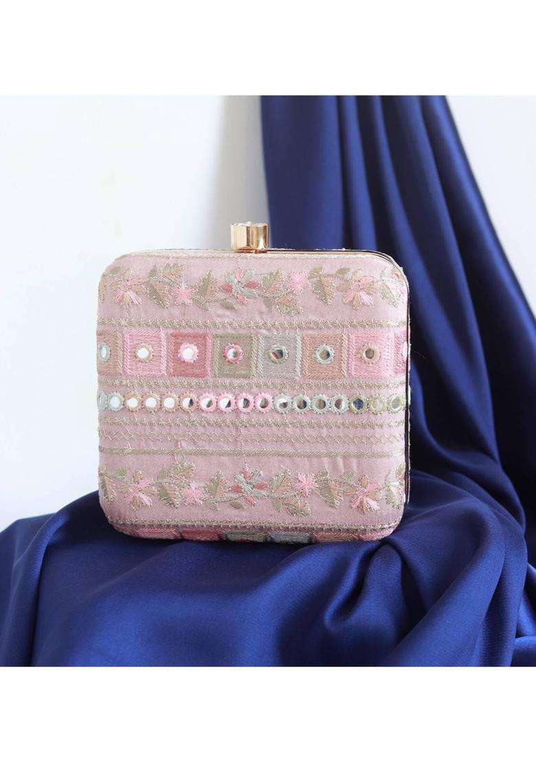 Pink Embroidered Silk Clutches - Indya
