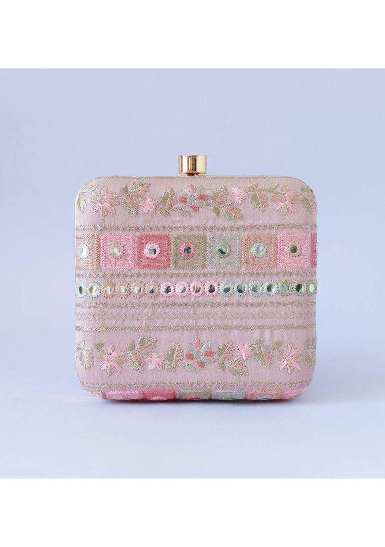 Pink Embroidered Silk Clutches - Indya