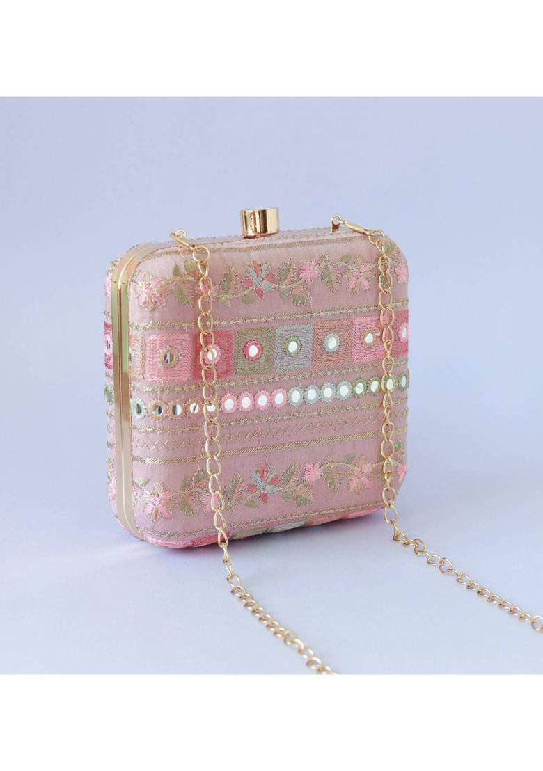 Pink Embroidered Silk Clutches - Indya