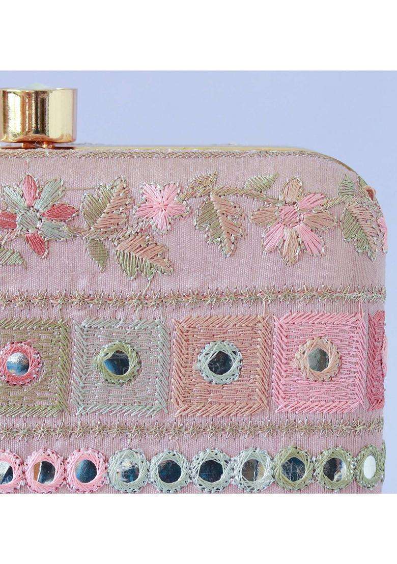 Pink Embroidered Silk Clutches - Indya