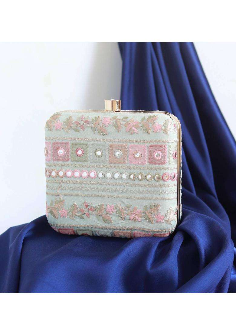 Green Embroidered Silk Clutches - Indya
