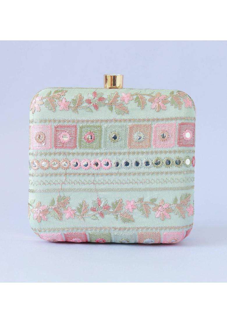 Green Embroidered Silk Clutches - Indya