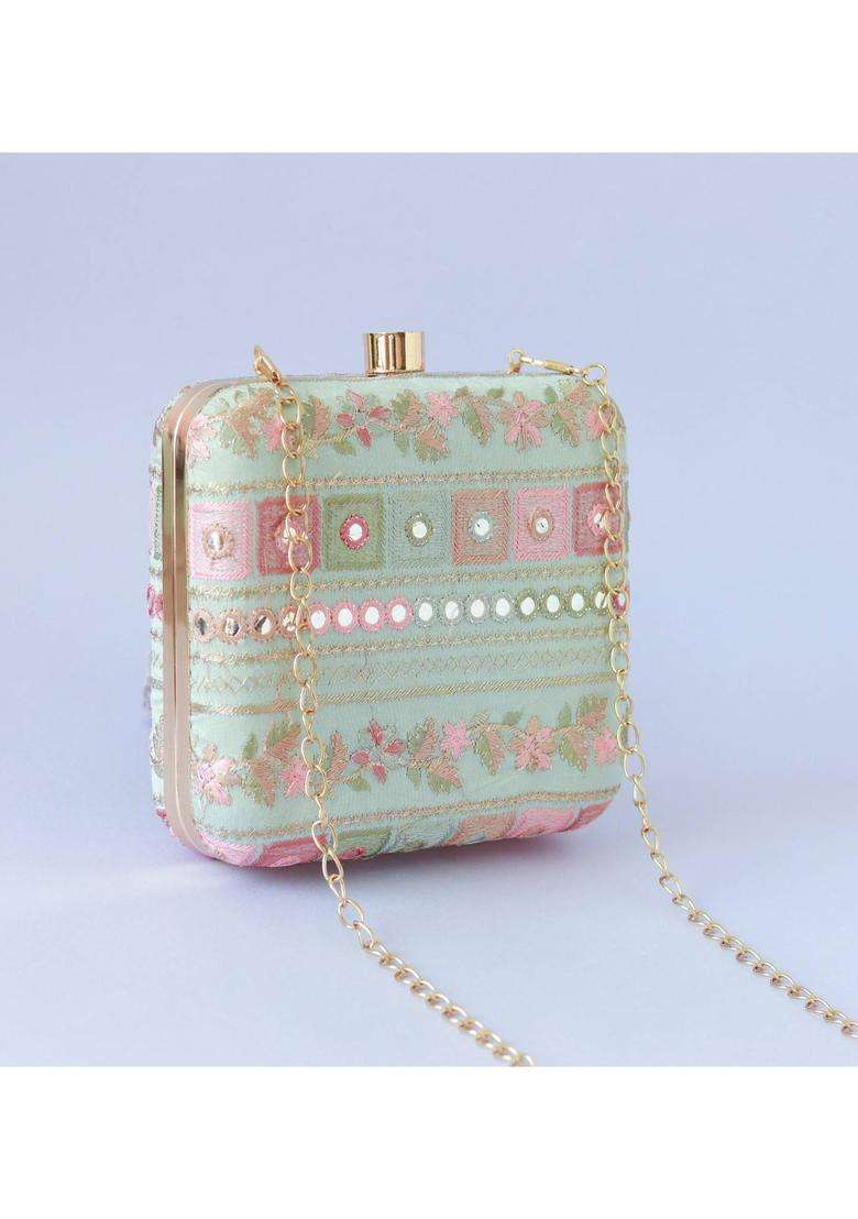Green Embroidered Silk Clutches - Indya