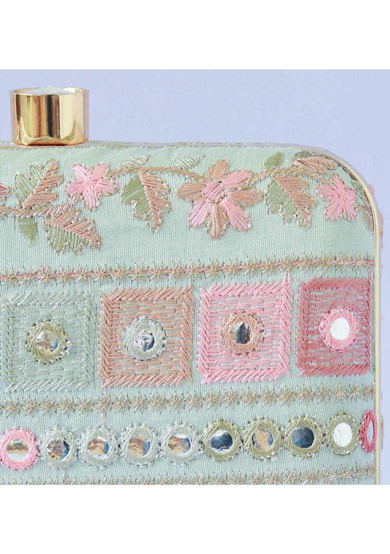 Green Embroidered Silk Clutches - Indya