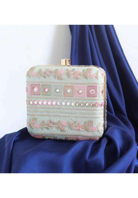 Green Embroidered Silk Clutches