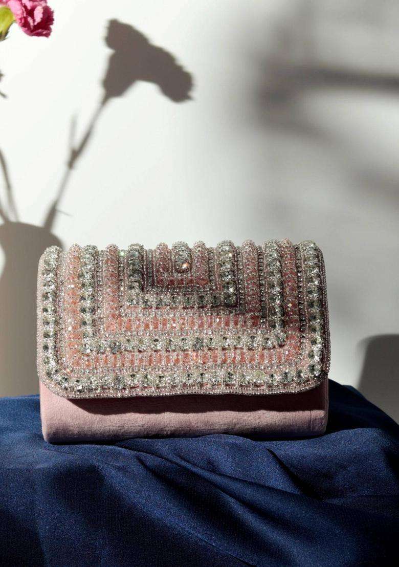 Pink Embellished Suede Clutches - Indya