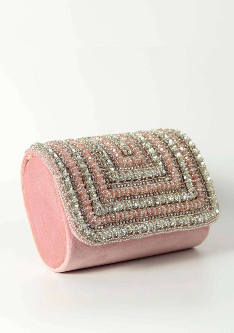 Pink Embellished Suede Clutches - Indya