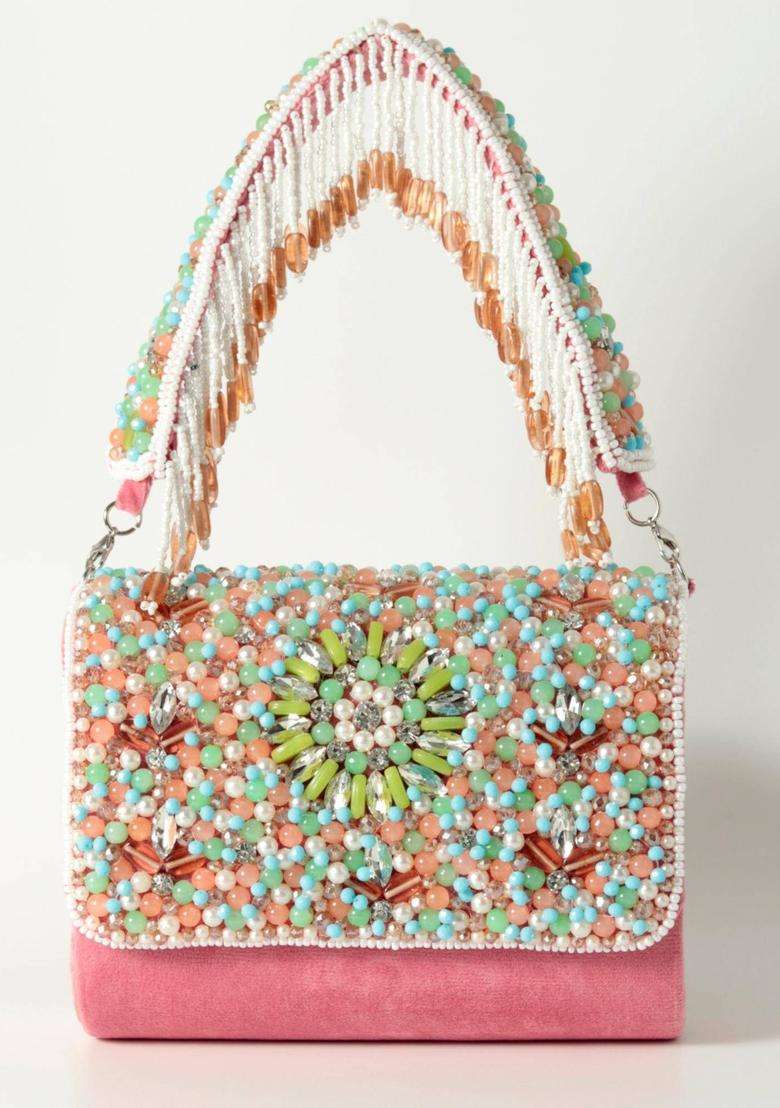 Pink Embellished Suede Clutches - Indya