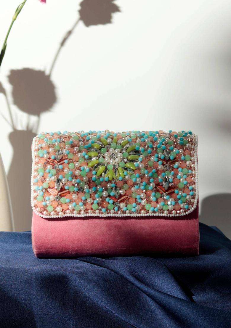Pink Embellished Suede Clutches - Indya