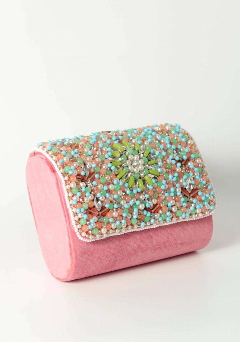 Pink Embellished Suede Clutches - Indya