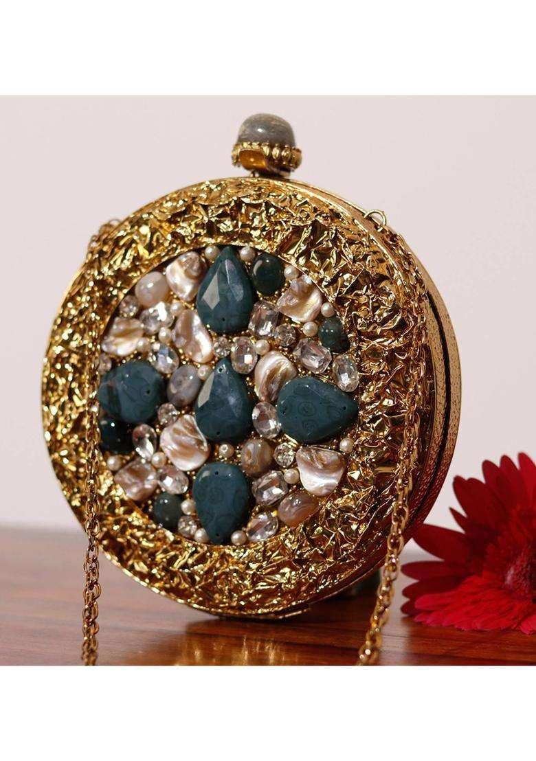 Gold Embellished Metal Clutches - Indya