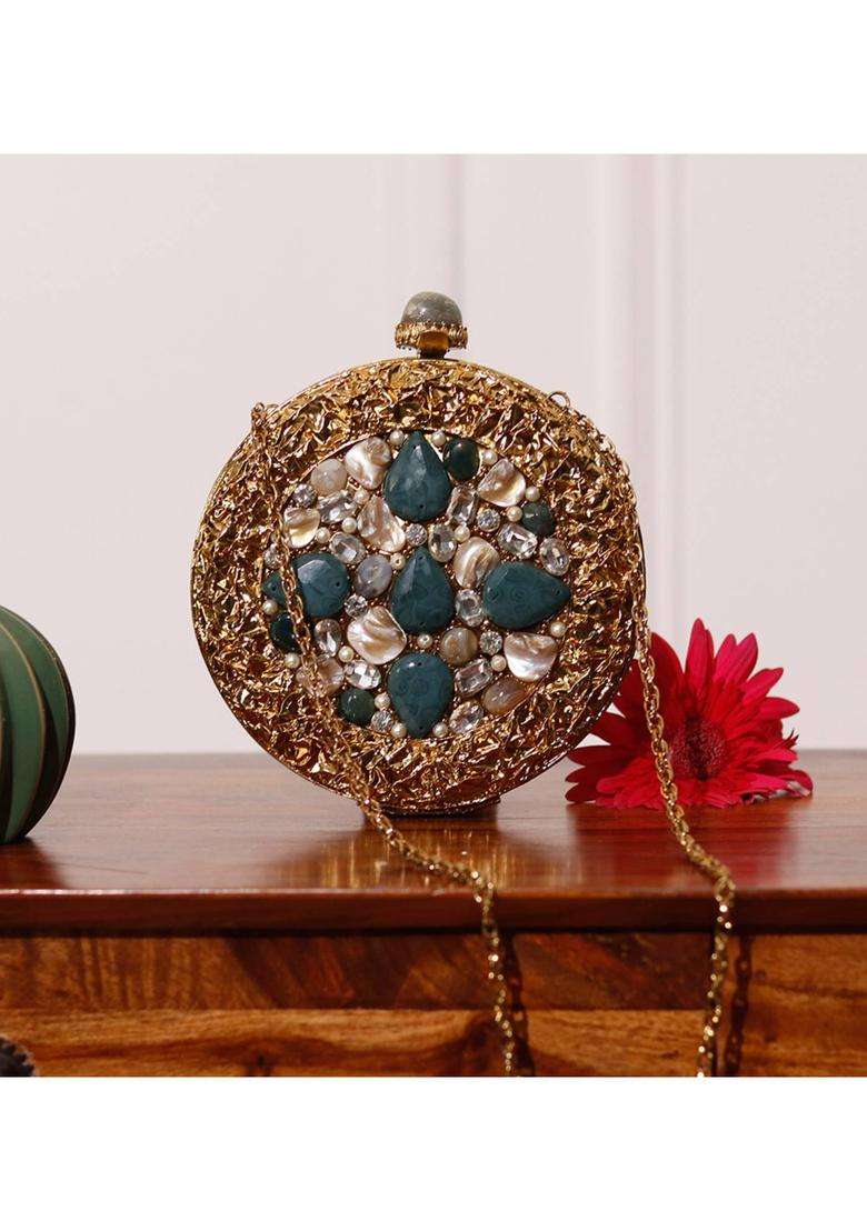 Gold Embellished Metal Clutches - Indya