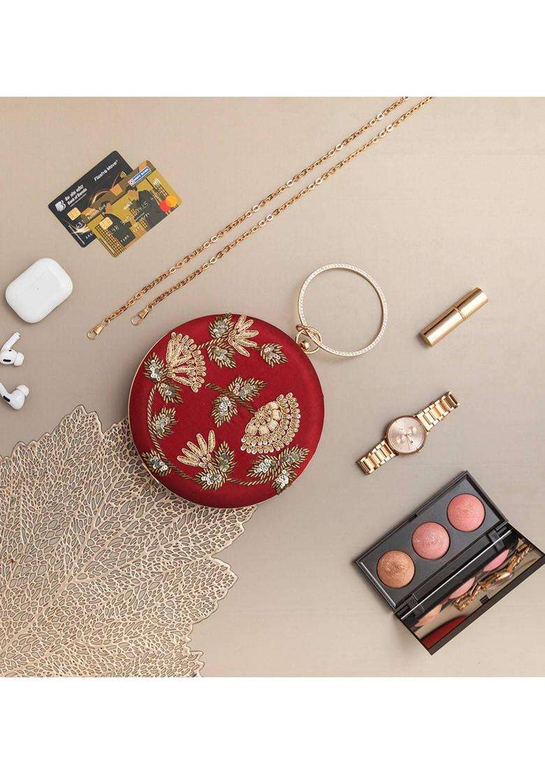 Red Embroidered Silk Clutches - Indya