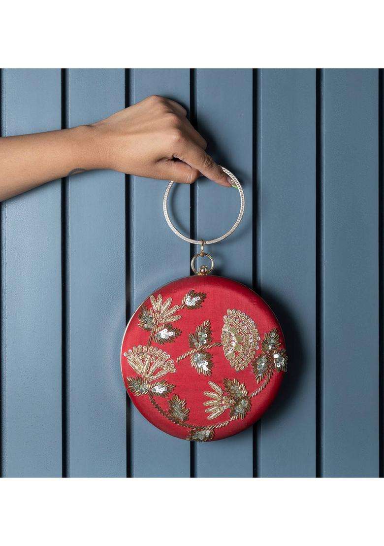 Red Embroidered Silk Clutches - Indya