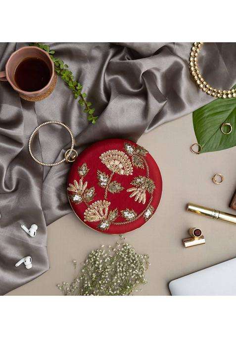 Red Embroidered Silk Clutches