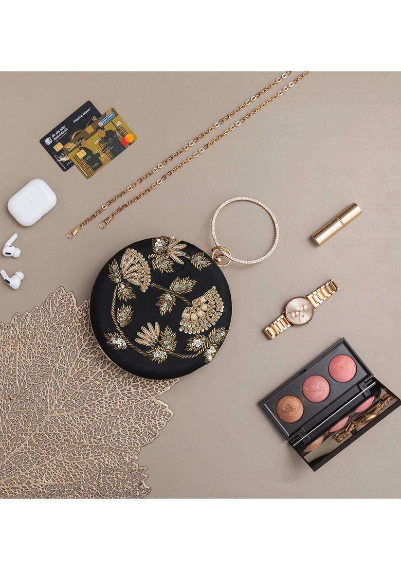 Black Embroidered Silk Clutches - Indya